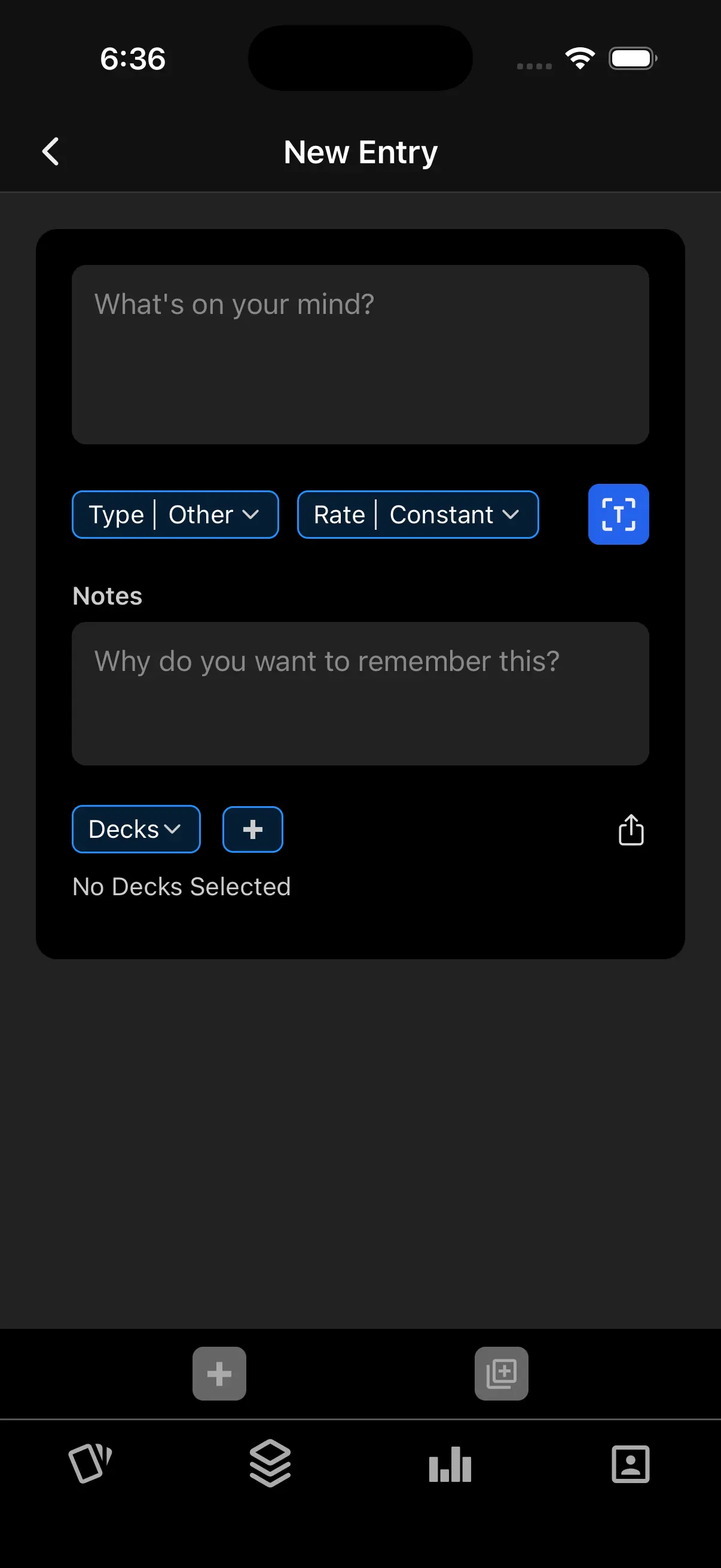 Sopho new entry screen with controls for decks, type, notes, and image capture