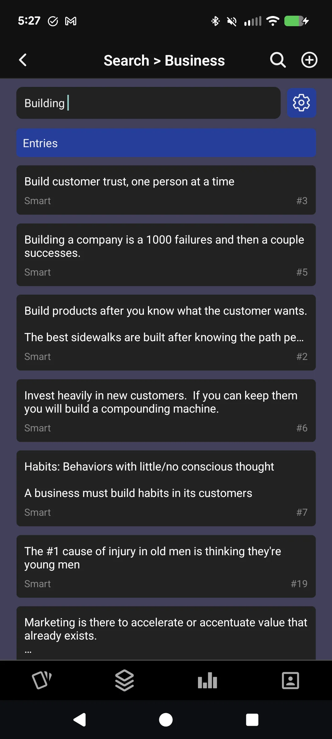 Sopho deck-scoped search showing results for Building in the Business deck